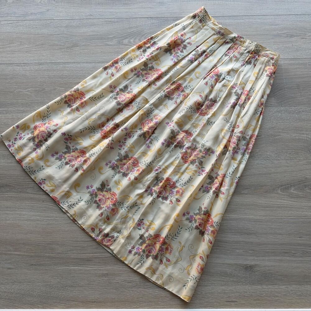 Components Sz 12 Floral Pale Yellow & Pink Pleated Maxi Skirt VTG 90's Cottage